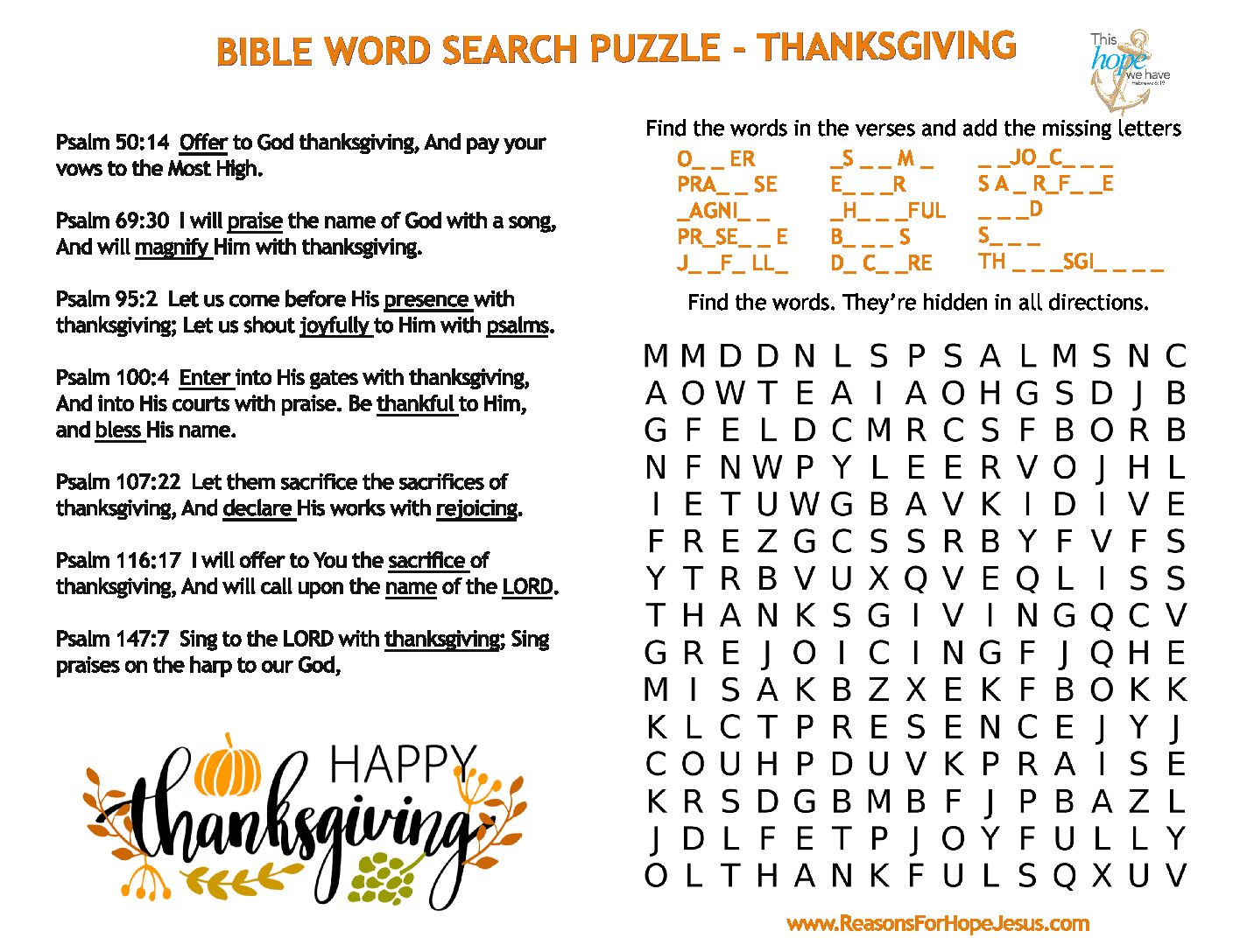 Thanksgiving Printable Bible Word Searches